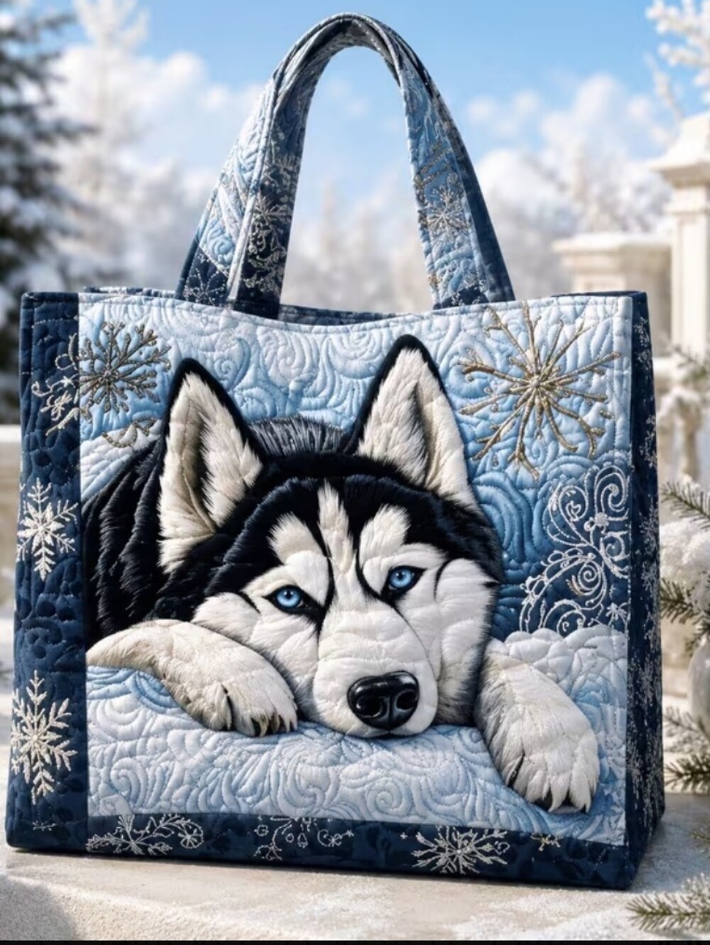 Blue Husky Quilted Tote Bag - Artful Winter Design